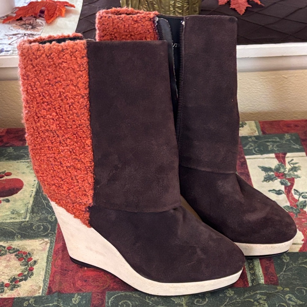 Y2k Suede Leather & Wool Wedge Heeled Boots
